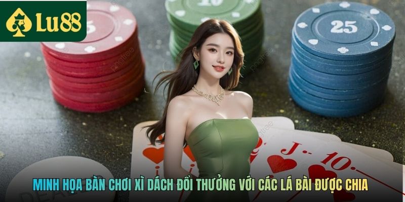 Minh họa bàn chơi Xì Dách đổi thưởng với các lá bài được chia